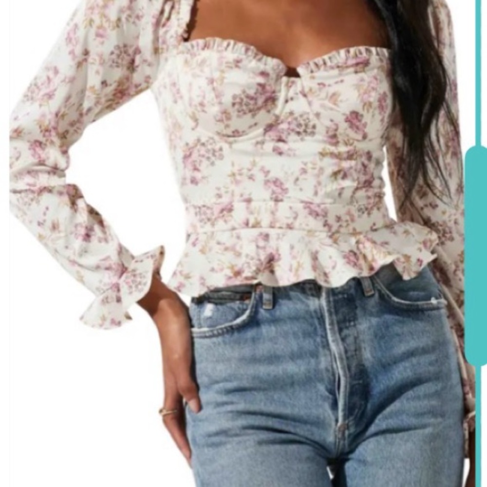 Astr Pink and White Long Sleeve Bustier Blouse